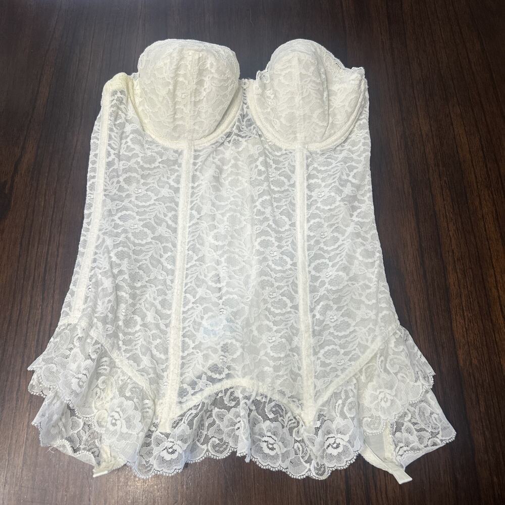 Vintage Sears Longline Strapless Lace Bustier Corset White 34B Lingerie Boned